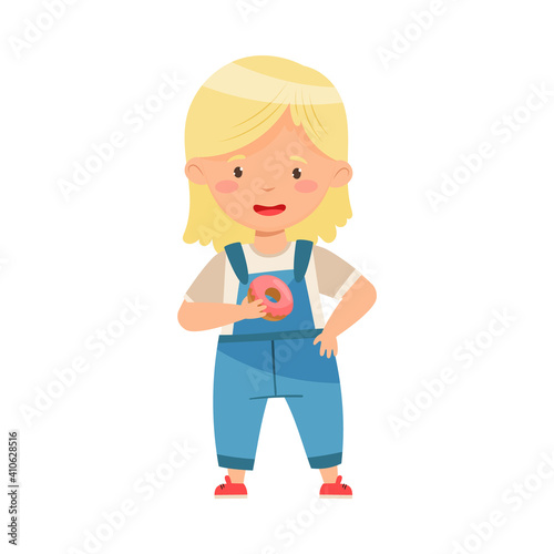 Cute Girl Holding Doughnut with Sugar Glaze Vector Illustration