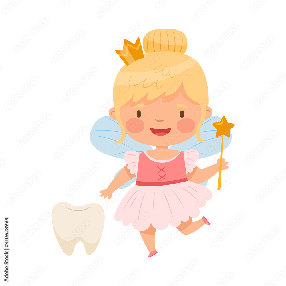 Little Winged Tooth Fairy and First Baby Tooth Vector Illustration Little Winged Tooth Fairy and First Baby Tooth Vector Illustration