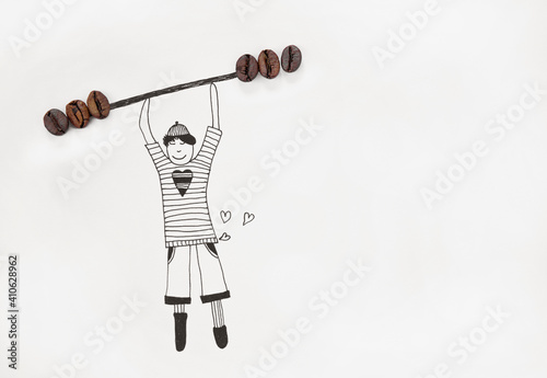 An illustration of a boy lifting weights from real coffee beans