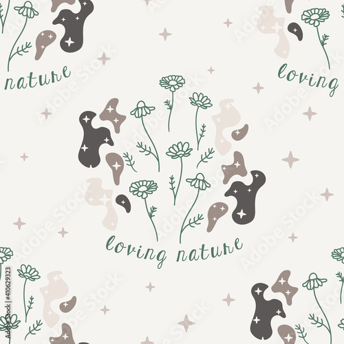 Vector Loving Nature Chamomile with Organic Shapes seamless pattern background. Perfect for fabric, wallpaper and scrapbooking projects.