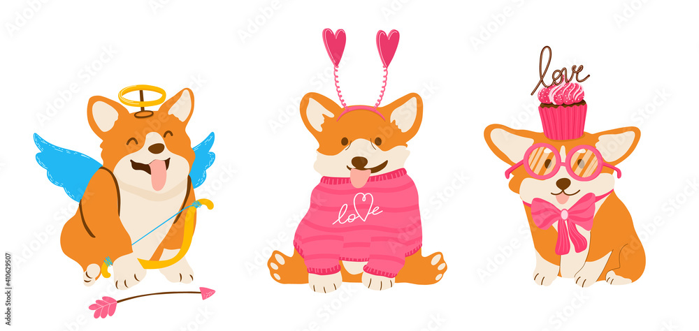 Funny vector corgis for Valentine Day. Amour dog with wings and arrows. Pets in pink sweater and bow with cupcakes.