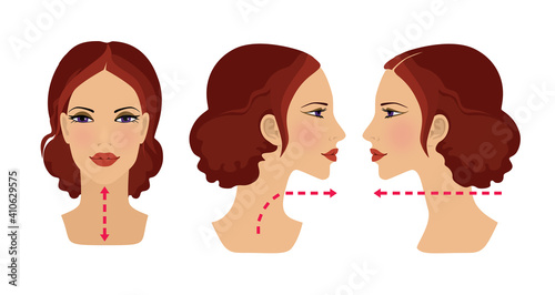 Exercises for beauty and youthfulness of the face and neck skin. Remove wrinkles. The girl trains the muscles of the face. Illustration isolated on white background