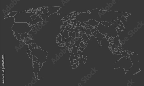 Fototapeta Naklejka Na Ścianę i Meble -  white world map outline - vector illustration of earth map on dark background	