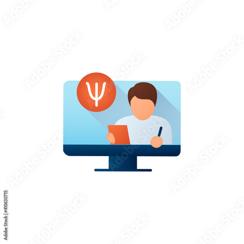 Online psychiatry flat icon. Telehealth medical care. Virtual psychiatrist consultation. Telemedicine, health care concept. Online medicine, psychotherapy. Color vector illustration with shadow