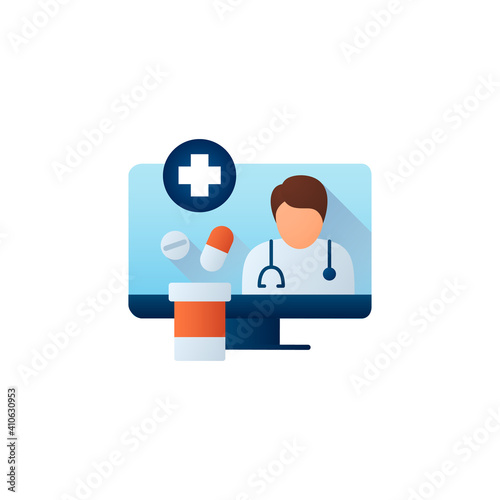 Medication prescription online flat icon. Telehealth medical care. Virtual doctors treatment. Telemedicine, online health care concept. Color vector illustration with shadow