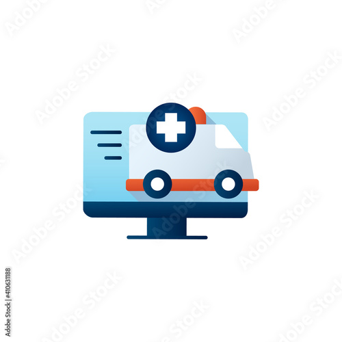 Online emergency flat icon. Telehealth medical care. Virtual ambulance call service. Telemedicine, health care concept. Online first aid consultation. Color vector illustration with shadow