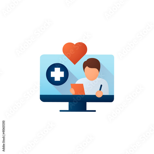 Online nursing flat icon. Telehealth medical care. Virtual nurse assistance, consultation. Telemedicine, health care concept. Online medical examinations. Color vector illustration with shadow