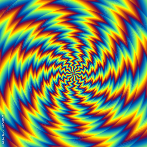 Pulsing fiery spirals. Spin illusion.