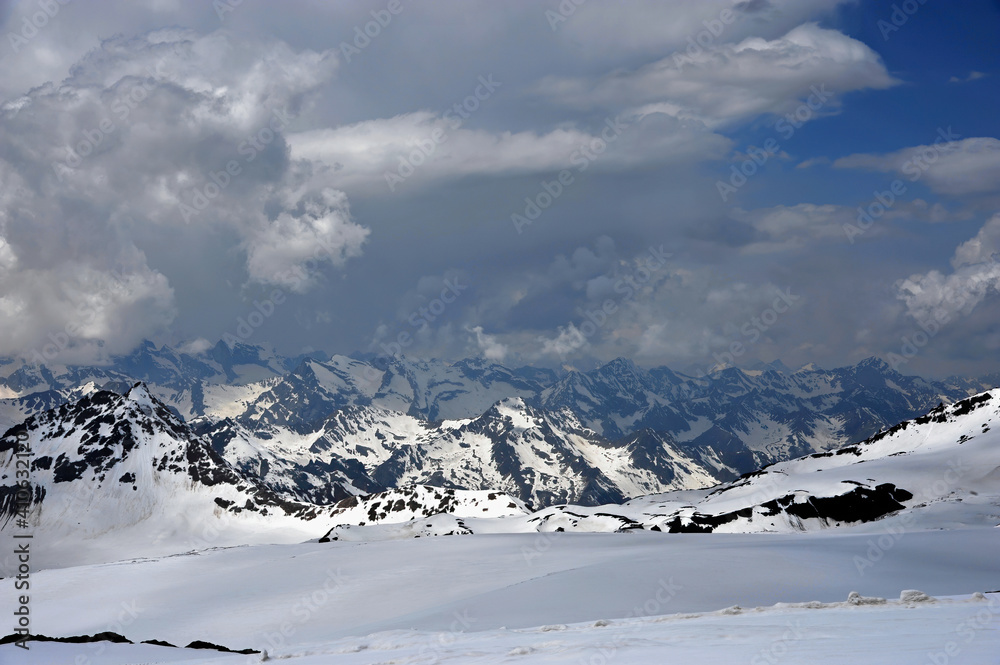 A view of the ever-snow-capped mountains from the southern slope of Elbrus.