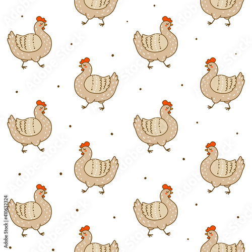 Seamless pattern with cute chickens isolated on white - cartoon hens characters for happy farm design