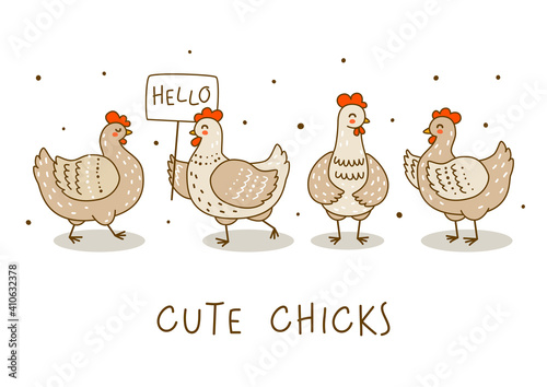 Horizontal border with cute chickens isolated on white - cartoon hens characters for happy farm design