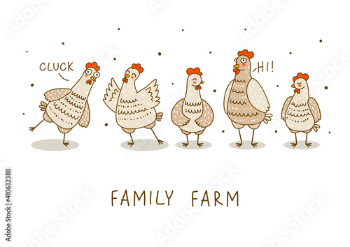 Horizontal border with cute chickens isolated on white - cartoon hens and roosters characters for happy farm design