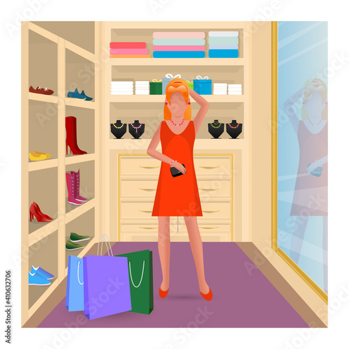 Fashionable girl in a dress at the mirror. Wardrobe. The concept of buying and trying on clothes, accessories in an online store. Home delivery. Discount, coupon, sale. Vector. Cartoon style.