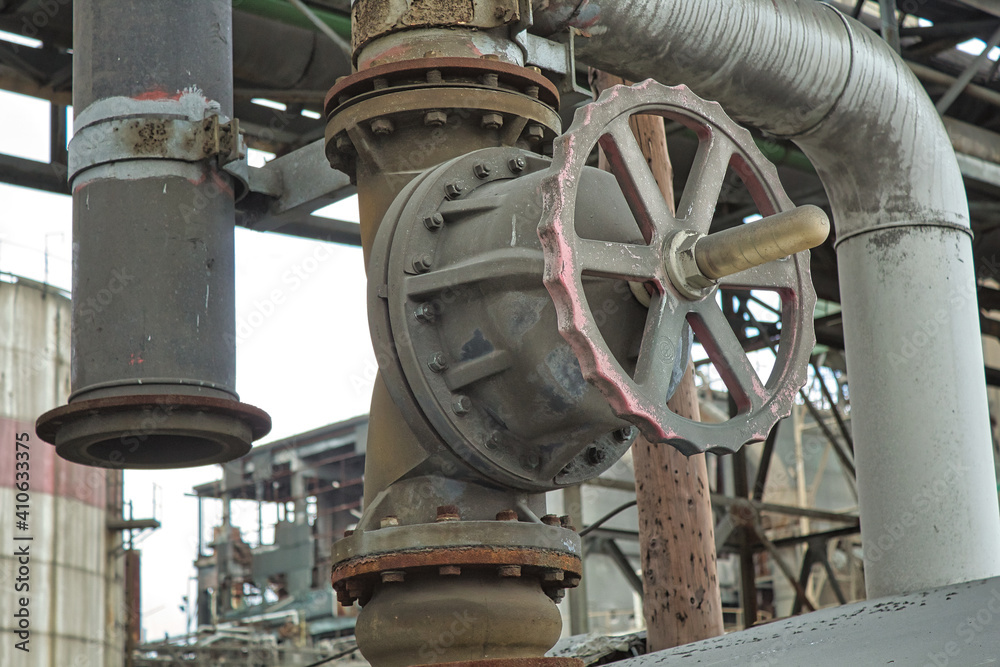Detail of shut-off and opening valves in the fuel refining industry. Detail of shut-off and opening valves in the fuel refining industry.