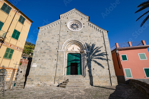 View of facade exterior of the Sant Pietro church in Vernazza village in Cinque Terre on the Italian Riviera
