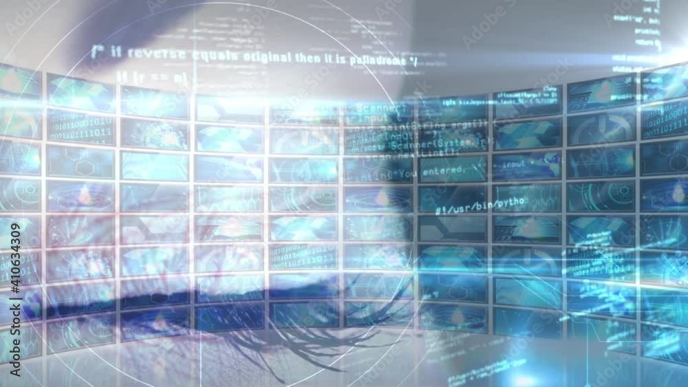 Animation of a human eye with data and information moving over multiple screens Animation of a human eye with data and information moving over multiple screens
