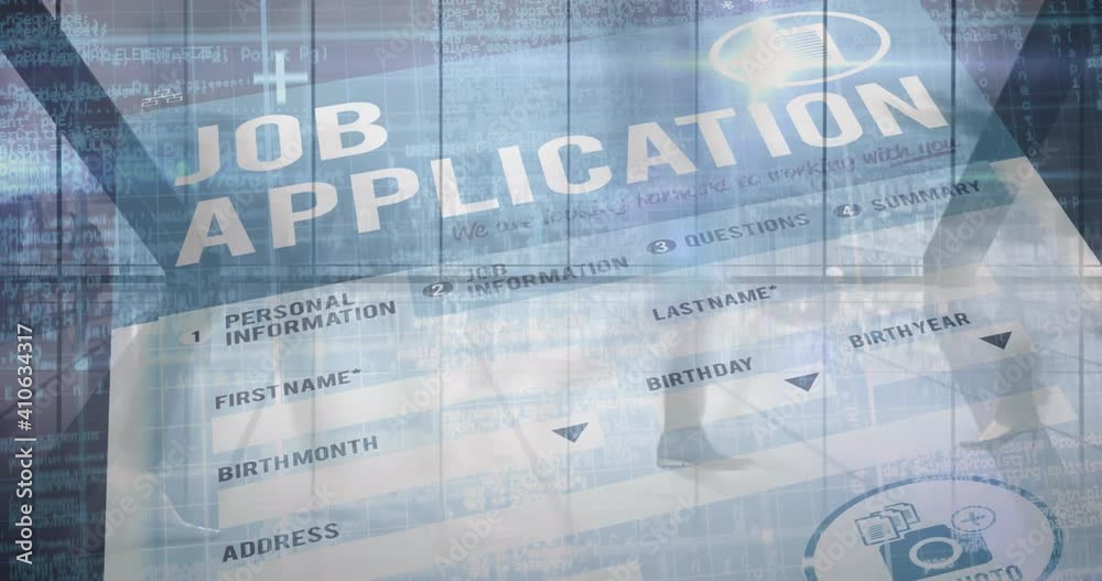 Animation of fast forward people moving over job application form