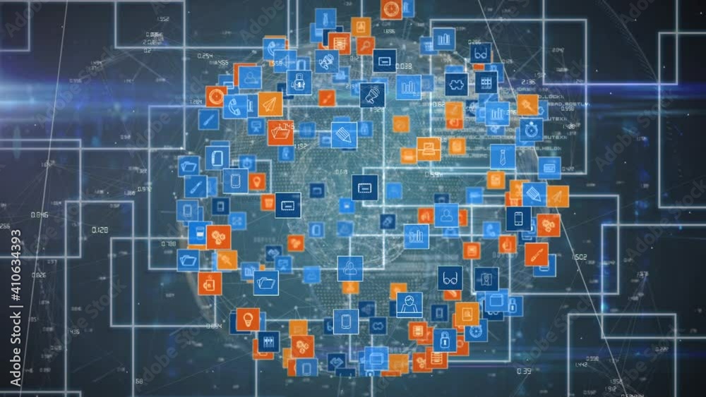 Animation of globe made of technological icons spinning over blue squares Animation of globe made of technological icons spinning over blue squares