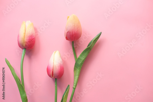 Fototapeta Naklejka Na Ścianę i Meble -  pink color tulip flower on table with copy space 