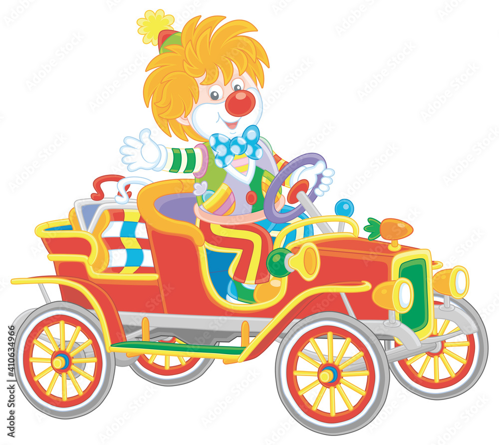 Friendly smiling clown in a colorful comic suit driving a funny retro car in a circus performance, vector cartoon illustration isolated on a white background