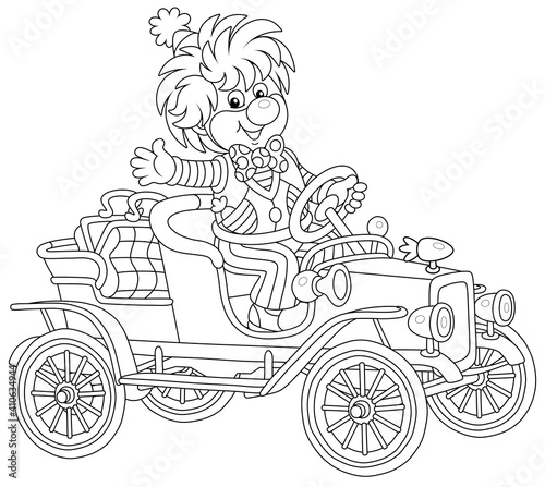Friendly smiling clown in a comic suit driving a funny retro car in a circus performance, black and white outline vector cartoon illustration for a coloring book page