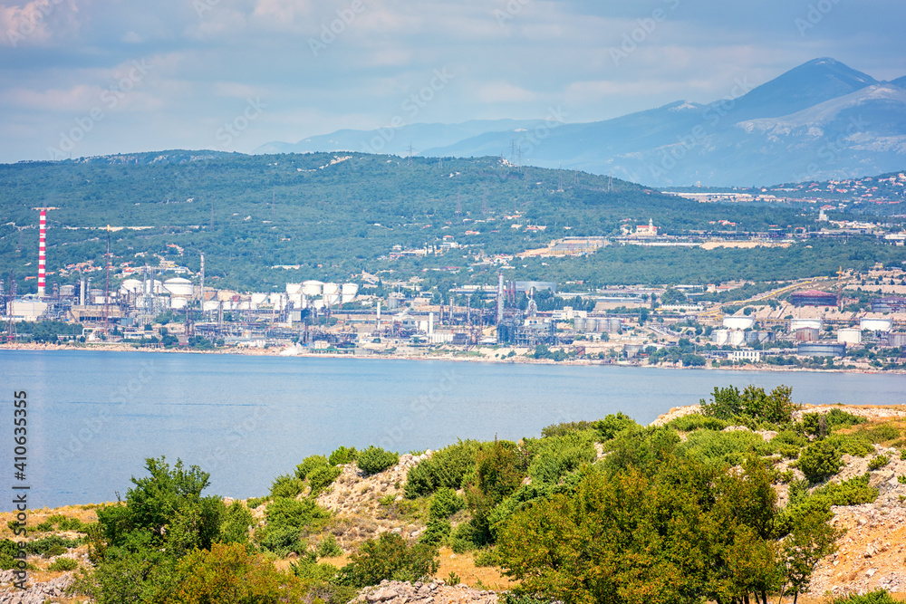 Oil refinery near Rijeka, Croatia. Summer landscape and industrial panoramic view