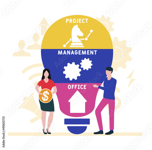 Flat design with people. PMO - Project Management Office. acronym, business concept background. Vector illustration for website banner, marketing materials, business presentation, online advertising