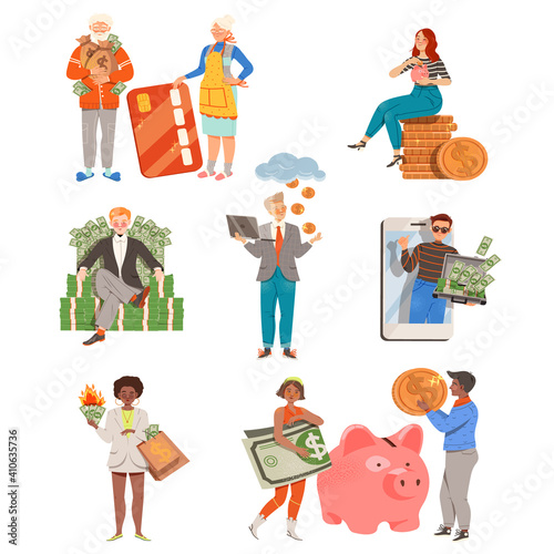 People with Money Coins and Dollar Banknotes as Financial Success Gaining Vector Illustration Set