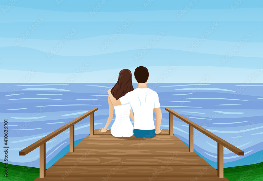 Illustration with a romantic couple sitting on a wooden bridge by the water.