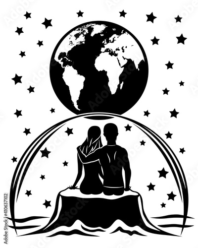 Futuristic illustration with romantic couple sitting on the Moon and admiring the planet Earth.