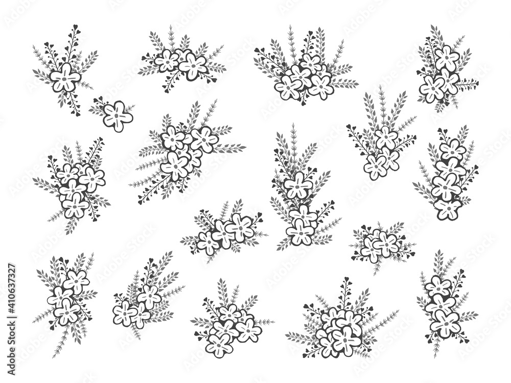 Vector set of hand drawn flowers and floral elements. Decorative collection. Monochrome.
