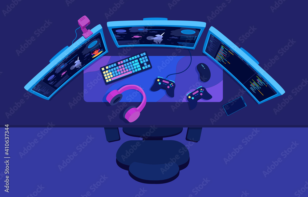 Vecteur Stock A workspace desktop of a gamer, video game streamer. Three  computer monitors on a PC desk. Gaming accessories flat lay. A vector  cartoon illustration. | Adobe Stock