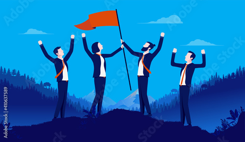 Team building - Successful winning team of businesspeople standing on hilltop raising flag of victory while cheering. Reaching top and success concept. Vector illustration.