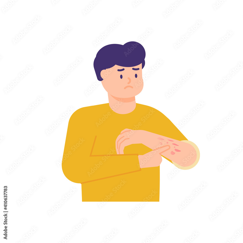 a man has a rash on the hands and itching on the hands, developing red patches. illustration of a person scratching his arm. the expression on the face of an uncomfortable person. flat style. vector