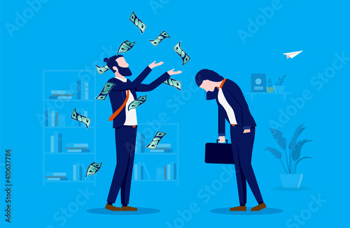 Pay gap - Man earning more money than woman, standing in work place throwing money in air. Gender inequality concept. Vector illustration.