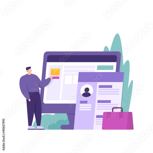 a concept of job vacancies, hiring employees or new workers. male illustration sending CV or curriculum vitae by email. biodata form, computer monitor, briefcase. flat style. recruitment design vector
