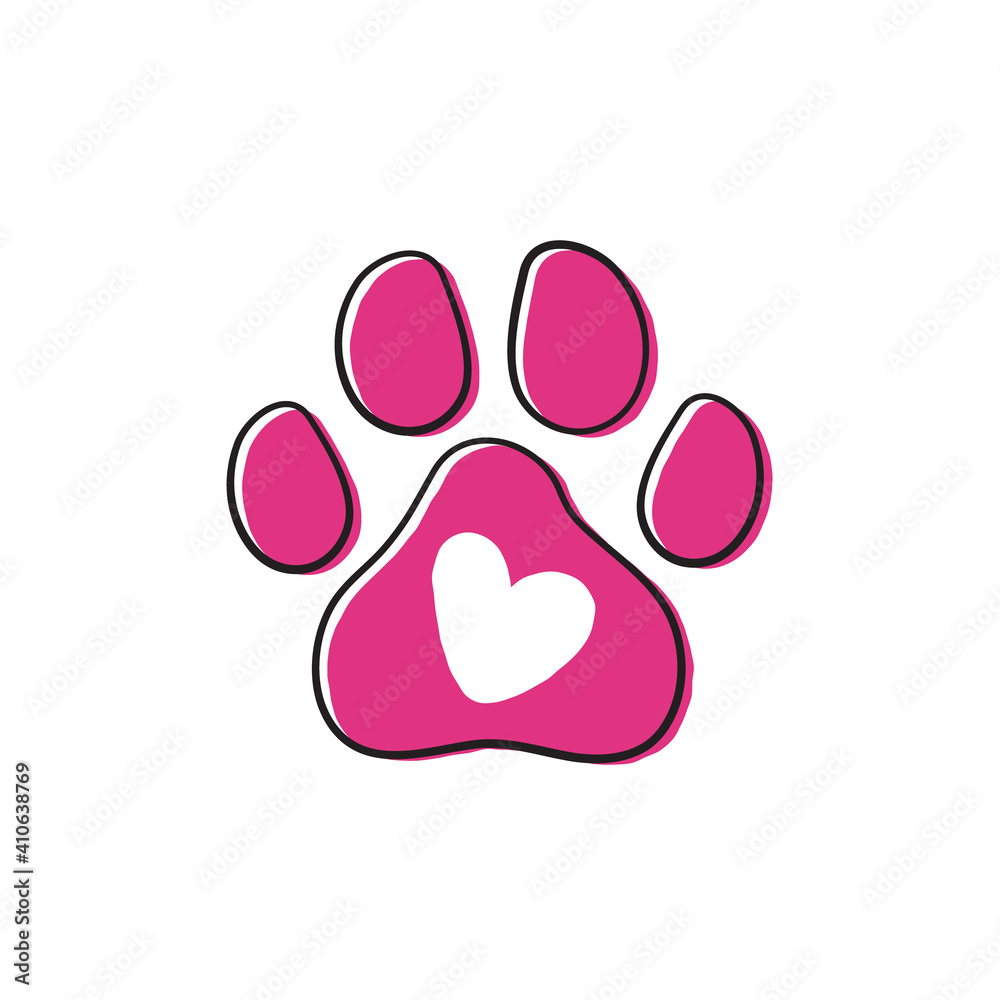 Animal paw print track drawing with heart inside