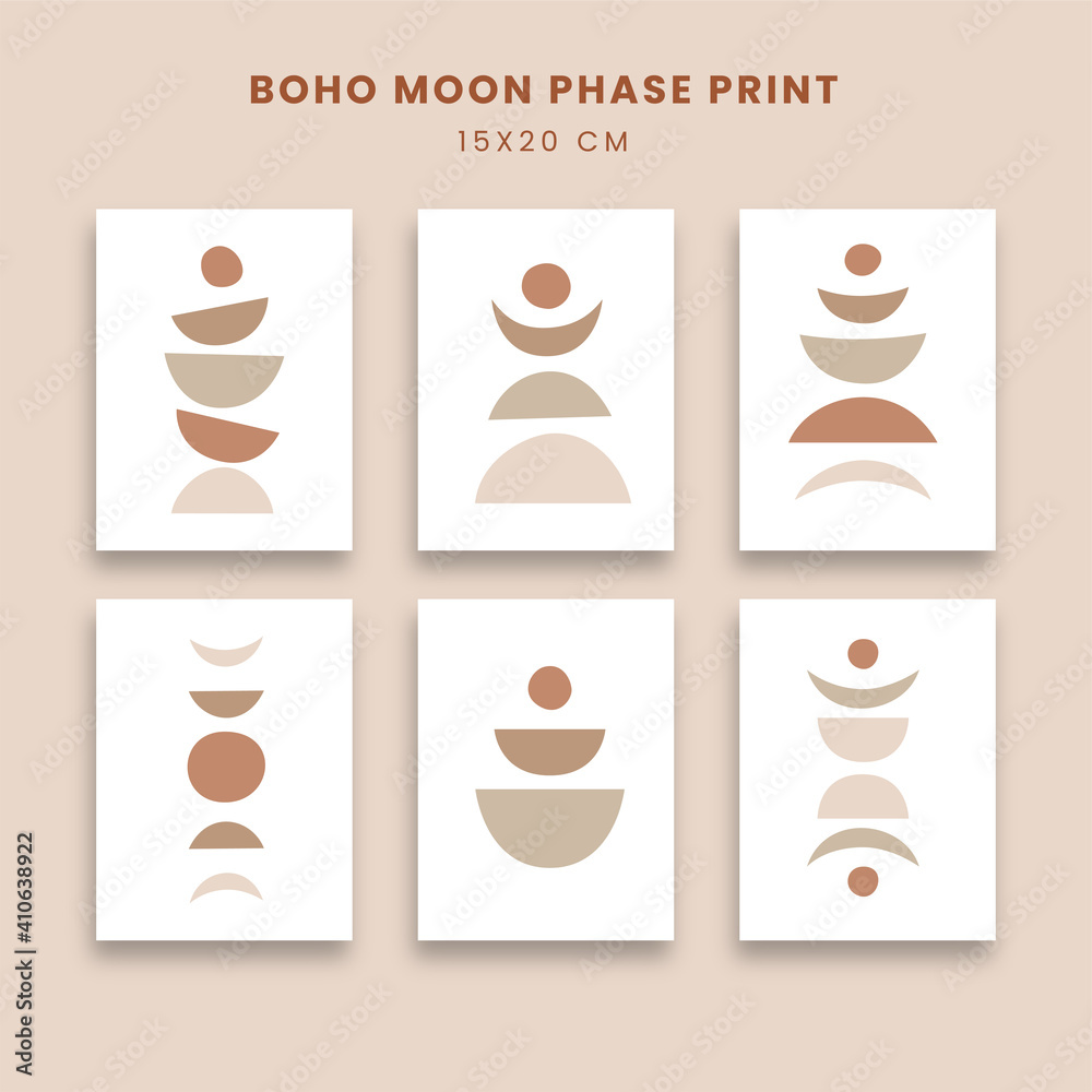 Abstract posters set with geometric elements and moon phase on white background. Abstraction nordic paint print. Scandinavian style. Abstract contemporary modern trendy vector illustration. Boho art