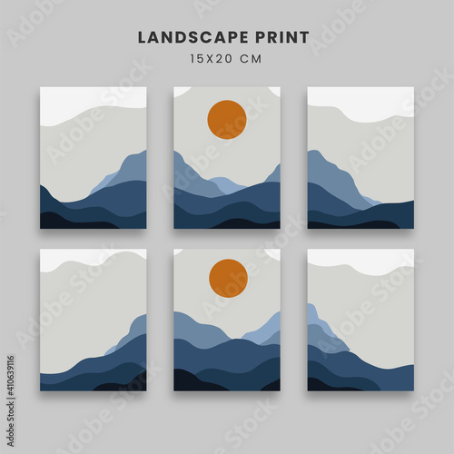 Landscape posters set with natural elements and sun and mountain on white background. Abstraction nordic paint print. Scandinavian style. Abstract contemporary modern trendy vector illustration.