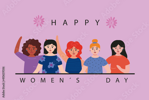 happy womens day lettering card with five interracial girls