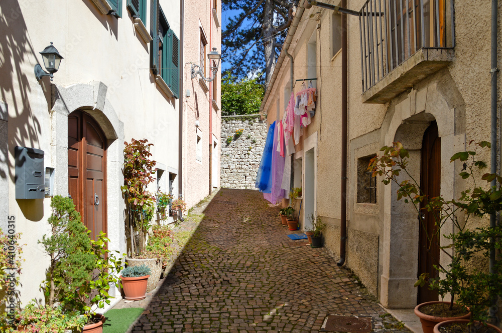 A narrow street in Nusco, a medieval village in the province of Avellino, Italy.