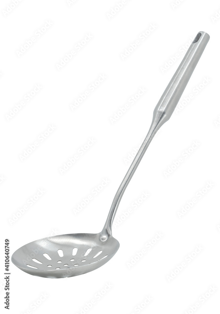 Isolated beautiful modern skimmer with clipping path on white background, metal modern kitchenware skimmer, all part is made from metal. Isolated beautiful modern skimmer with clipping path on white background, metal modern kitchenware skimmer, all part is made from metal.