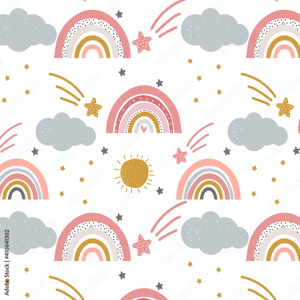 Cute kids rainbow seamless pattern, clouds, stars, sunshine scandinavian print fun and pastel colours mono Cute kids rainbow seamless pattern, clouds, stars, sunshine scandinavian print fun and pastel colours mono