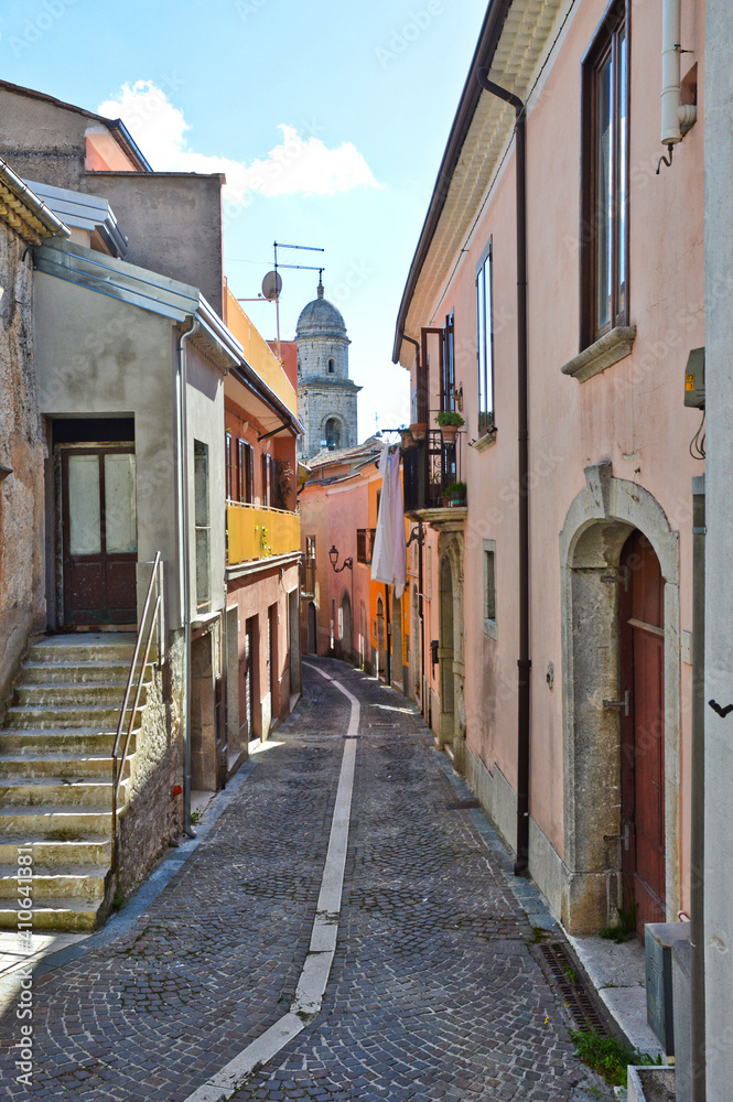 A narrow street in Nusco, a medieval village in the province of Avellino, Italy.