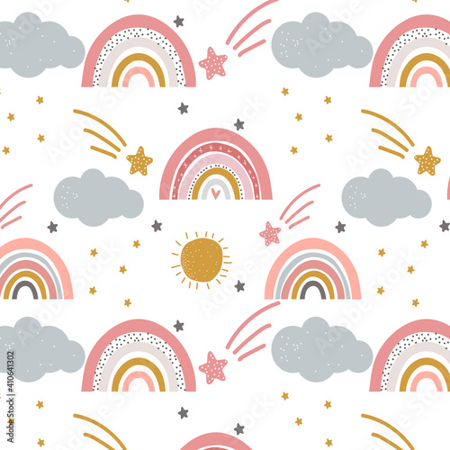Cute kids rainbow seamless pattern, clouds, stars, sunshine scandinavian print fun and pastel colours mono