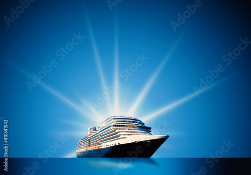 Cruise ship in open water - side view with copy space. Collage with abstract liner. Travel and vacation concept photo