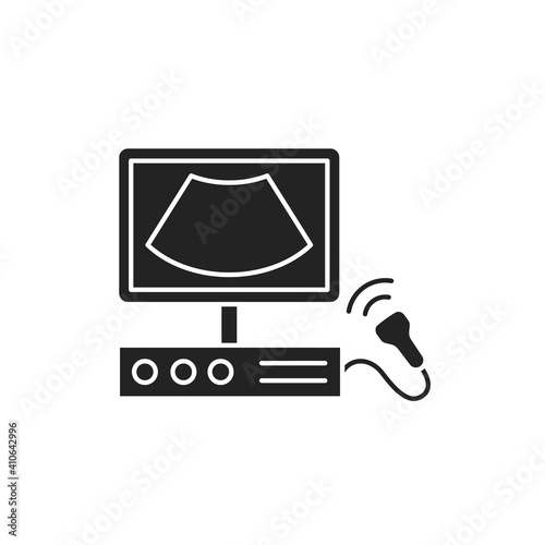 Ultrasonic diagnostic system black glyph icon. Medical and scientific concept. Laboratory diagnostics. Pictogram for web, mobile app, promo.