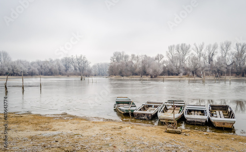 The first snow over the tributary of the Danube near the city of Novi Sad, Serbia 