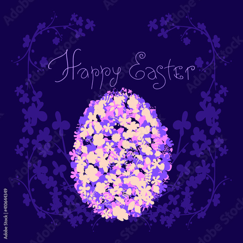 Easter egg made from flowers. Flower wreath. Lettering. Square festive background.