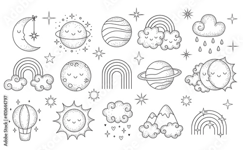 Vector hand drawn celestial collection with cute planets  clouds  rainbous  stars
